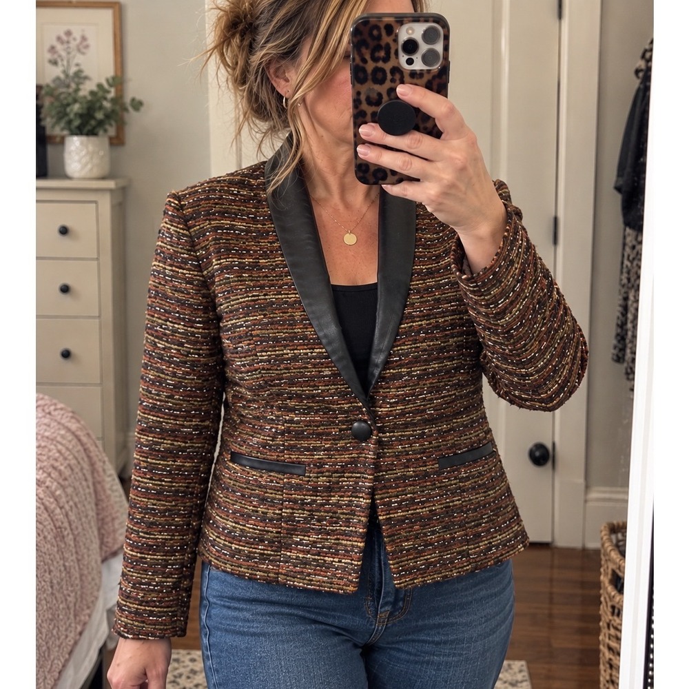 Lafayette 148 Wool Blend Tweed Blazer Women 6P Brown Leather Trim Excellent